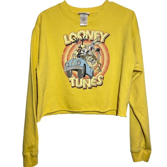 Looney Tunes Cropped Sweatshirt Pullover Crew Neck Graphic Print Yellow Small - Picture 2 of 5